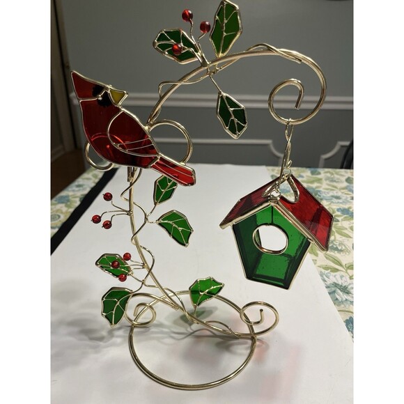 Stained Glass Red Cardinal Holly Leaves Birdhouse Candle Holder 12.5” Tall - Picture 9 of 14